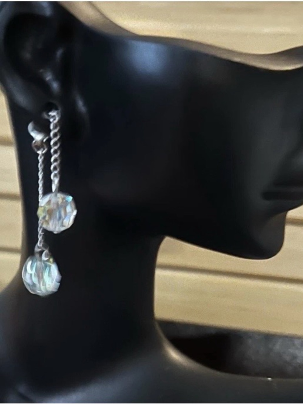 Pierced Earrings Chain AB Faceted Crystal Bead Drop Front Post & Back Fastener
